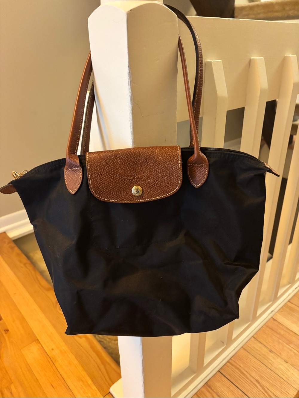 Longchamp Black Nylon Tote with Brown Leather Trim